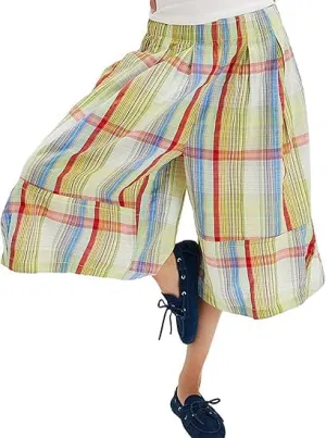 Womens Summer Boho Wide Leg Culotte Pants Casual Elastic Waisted Palazzo Trousers Colorful Plaid Capris with Pockets