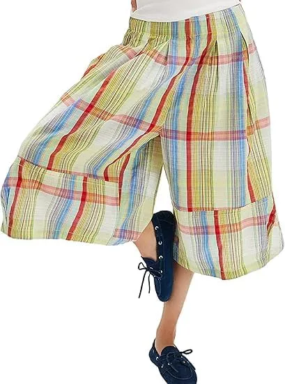 Womens Summer Boho Wide Leg Culotte Pants Casual Elastic Waisted Palazzo Trousers Colorful Plaid Capris with Pockets
