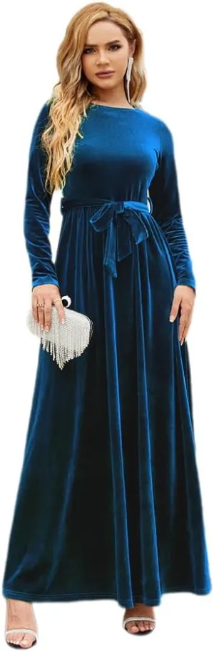 Women's Velvet Long Sleeve Maxi Dress Elegant Round Neck Winter A Line Fall Winter Evening Party Long Dress