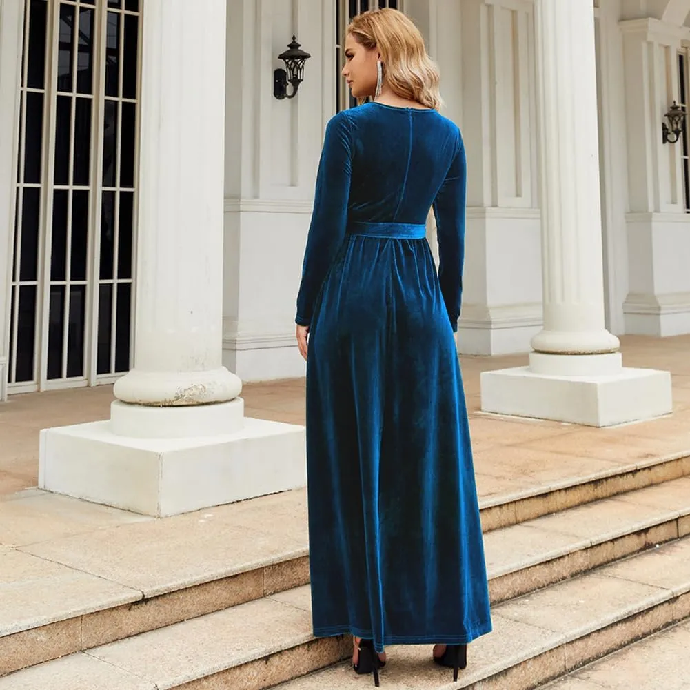 Women's Velvet Long Sleeve Maxi Dress Elegant Round Neck Winter A Line Fall Winter Evening Party Long Dress
