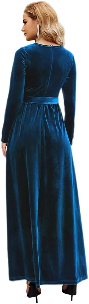 Women's Velvet Long Sleeve Maxi Dress Elegant Round Neck Winter A Line Fall Winter Evening Party Long Dress