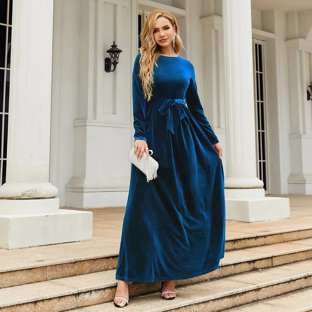 Women's Velvet Long Sleeve Maxi Dress Elegant Round Neck Winter A Line Fall Winter Evening Party Long Dress