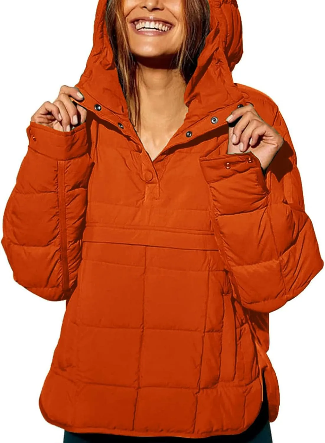Womens's Lightweight Down Coat Long Sleeve Button Quilted Pullover Puffer Jacket Packable Hooded Winter Coat
