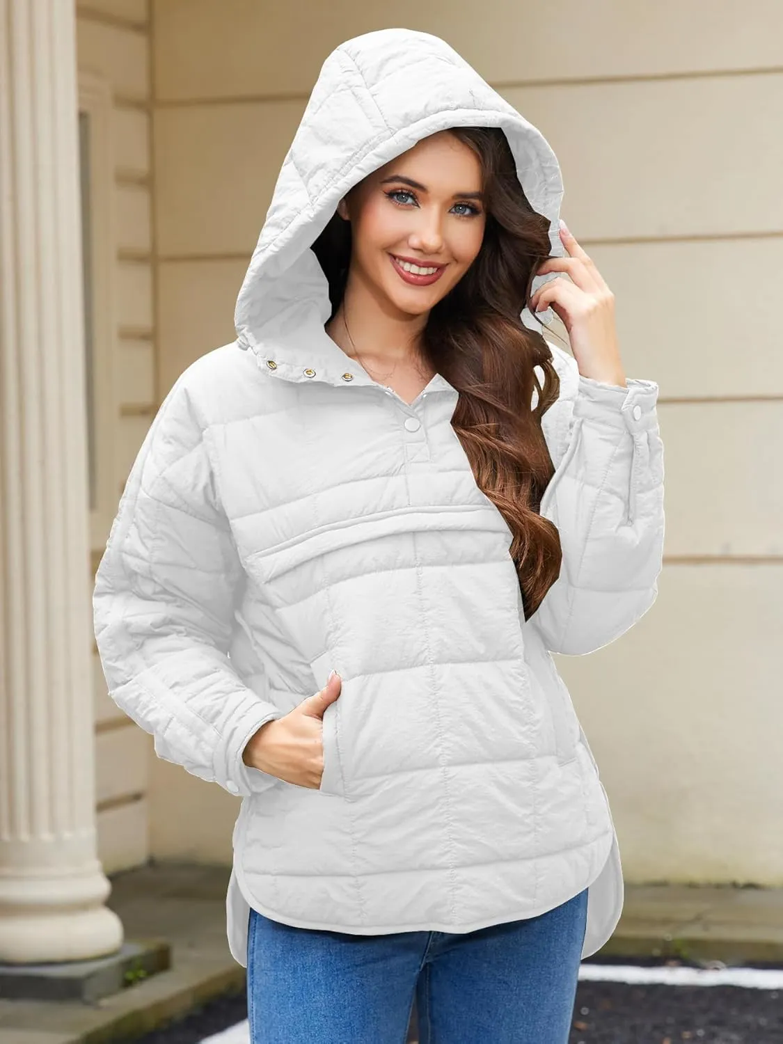 Womens's Lightweight Down Coat Long Sleeve Button Quilted Pullover Puffer Jacket Packable Hooded Winter Coat
