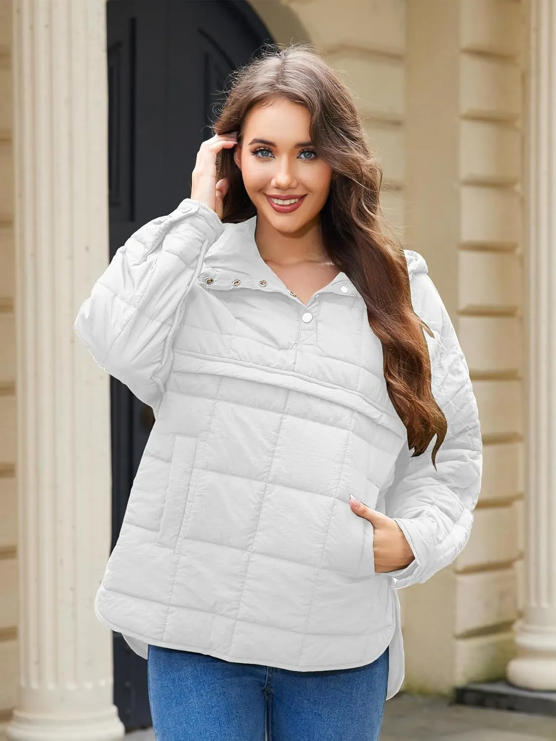 Womens's Lightweight Down Coat Long Sleeve Button Quilted Pullover Puffer Jacket Packable Hooded Winter Coat