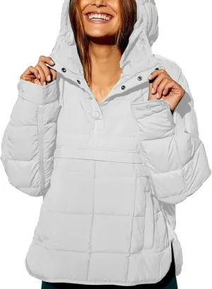 Womens's Lightweight Down Coat Long Sleeve Button Quilted Pullover Puffer Jacket Packable Hooded Winter Coat