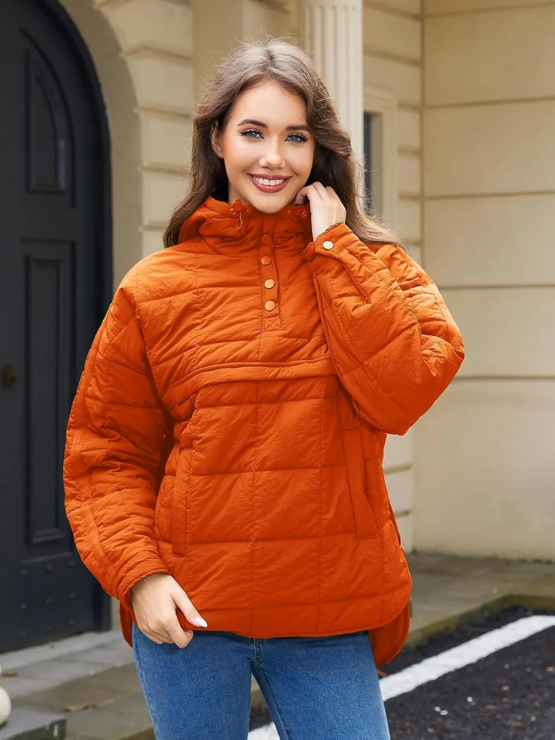 Womens's Lightweight Down Coat Long Sleeve Button Quilted Pullover Puffer Jacket Packable Hooded Winter Coat