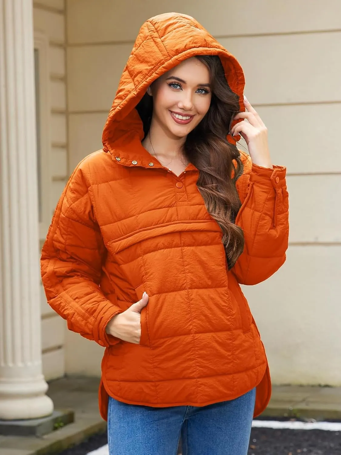 Womens's Lightweight Down Coat Long Sleeve Button Quilted Pullover Puffer Jacket Packable Hooded Winter Coat