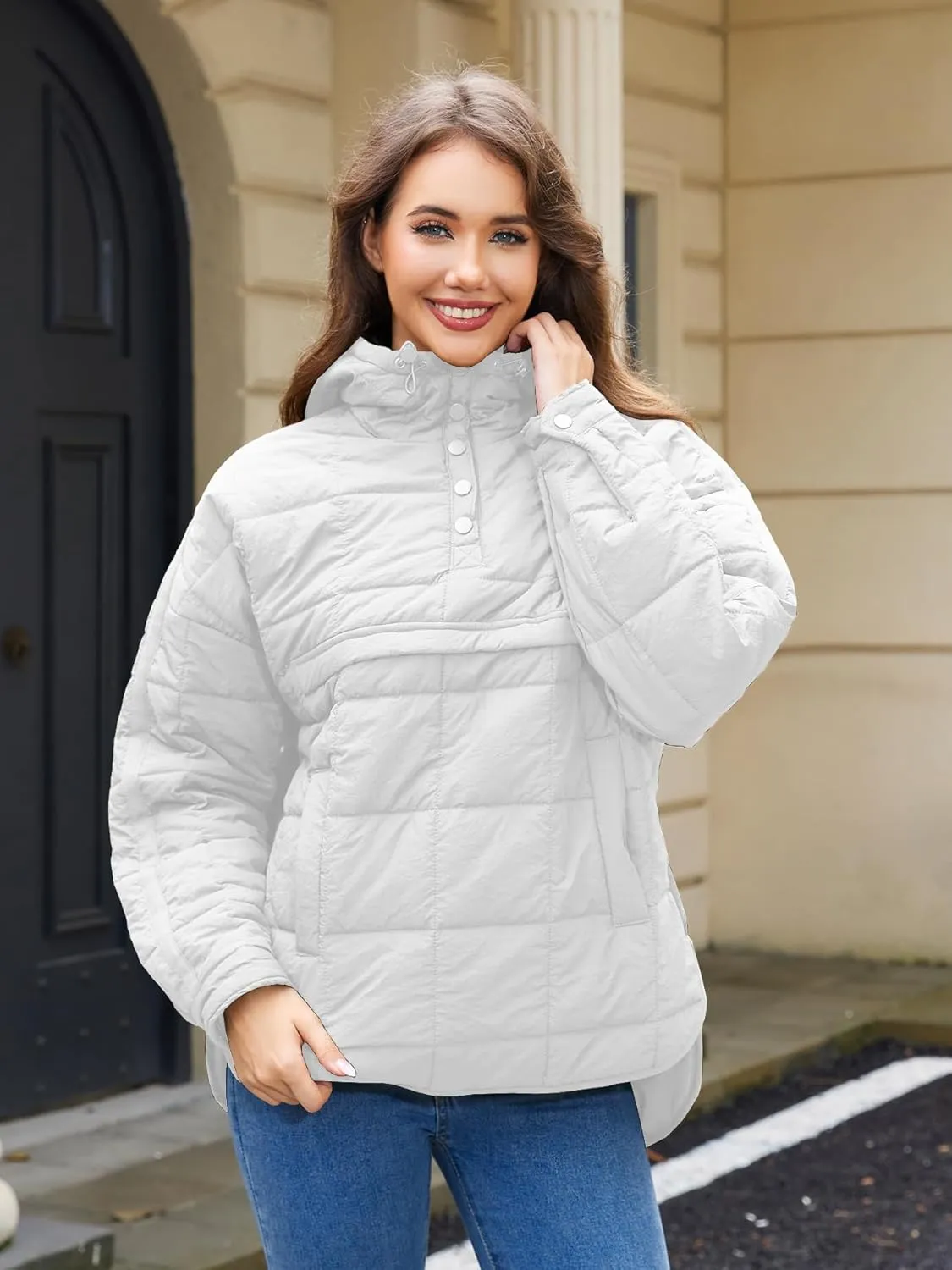 Womens's Lightweight Down Coat Long Sleeve Button Quilted Pullover Puffer Jacket Packable Hooded Winter Coat