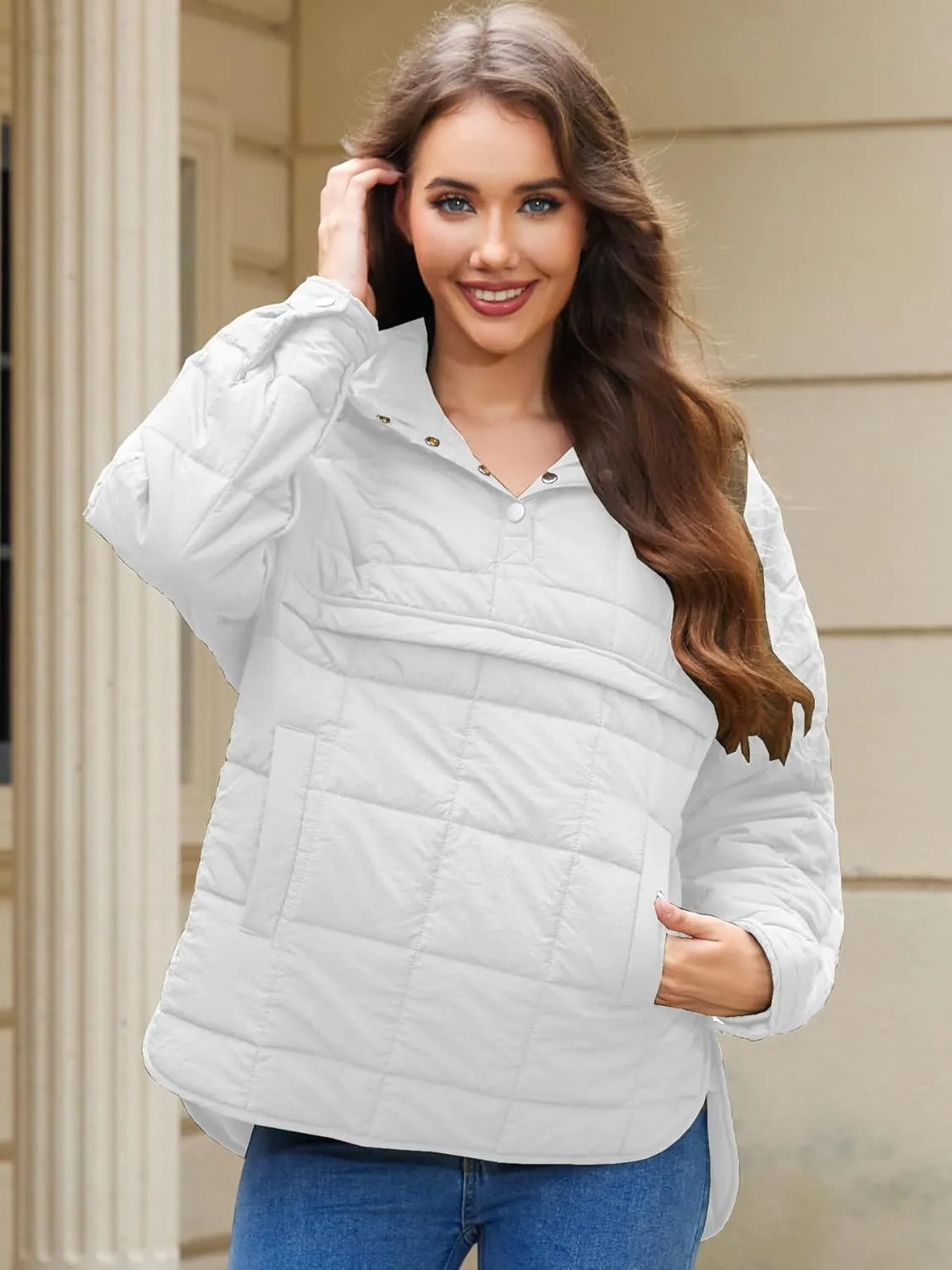 Womens's Lightweight Down Coat Long Sleeve Button Quilted Pullover Puffer Jacket Packable Hooded Winter Coat
