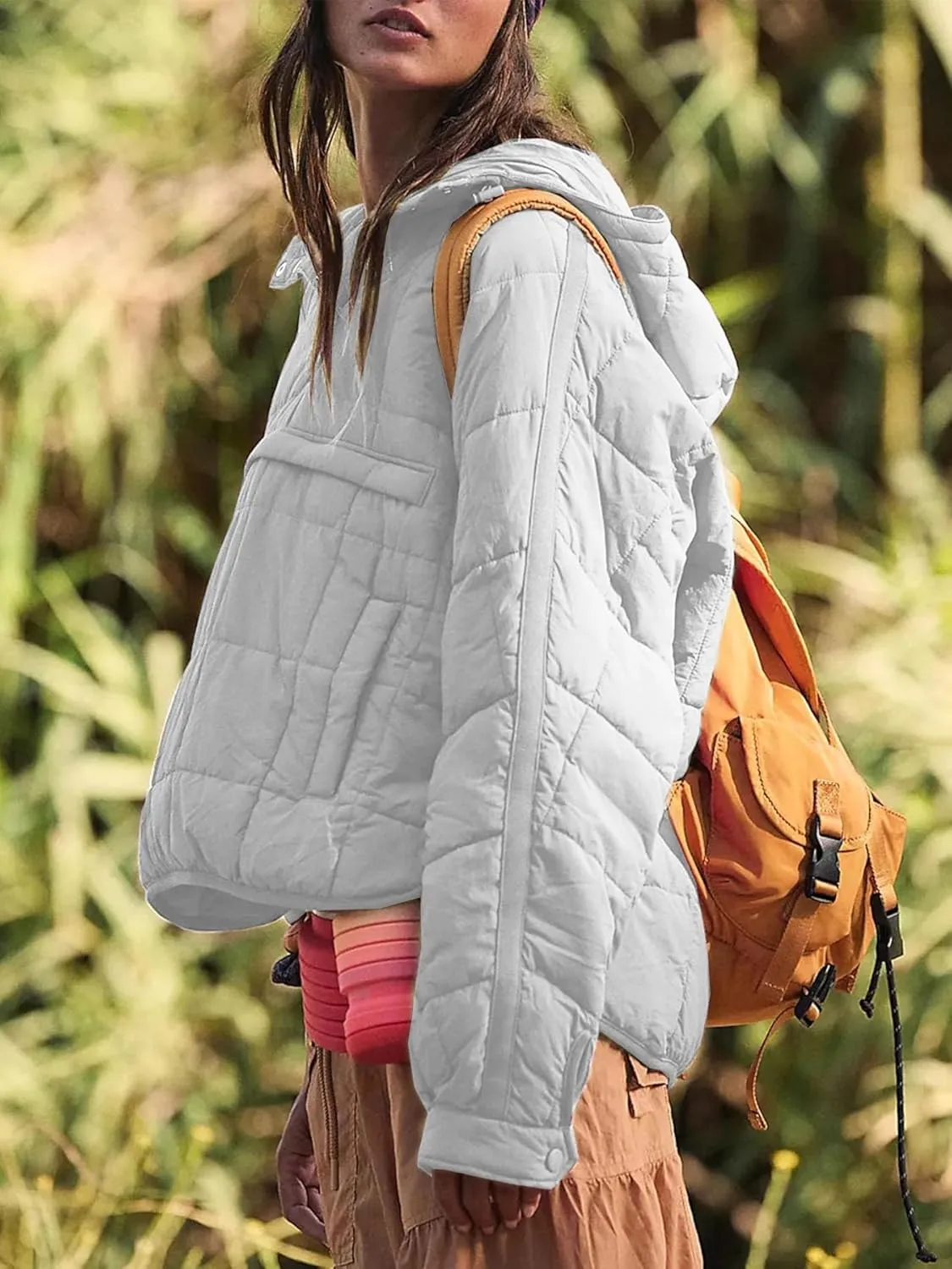 Womens's Lightweight Down Coat Long Sleeve Button Quilted Pullover Puffer Jacket Packable Hooded Winter Coat