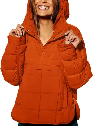 Womens's Lightweight Down Coat Long Sleeve Button Quilted Pullover Puffer Jacket Packable Hooded Winter Coat
