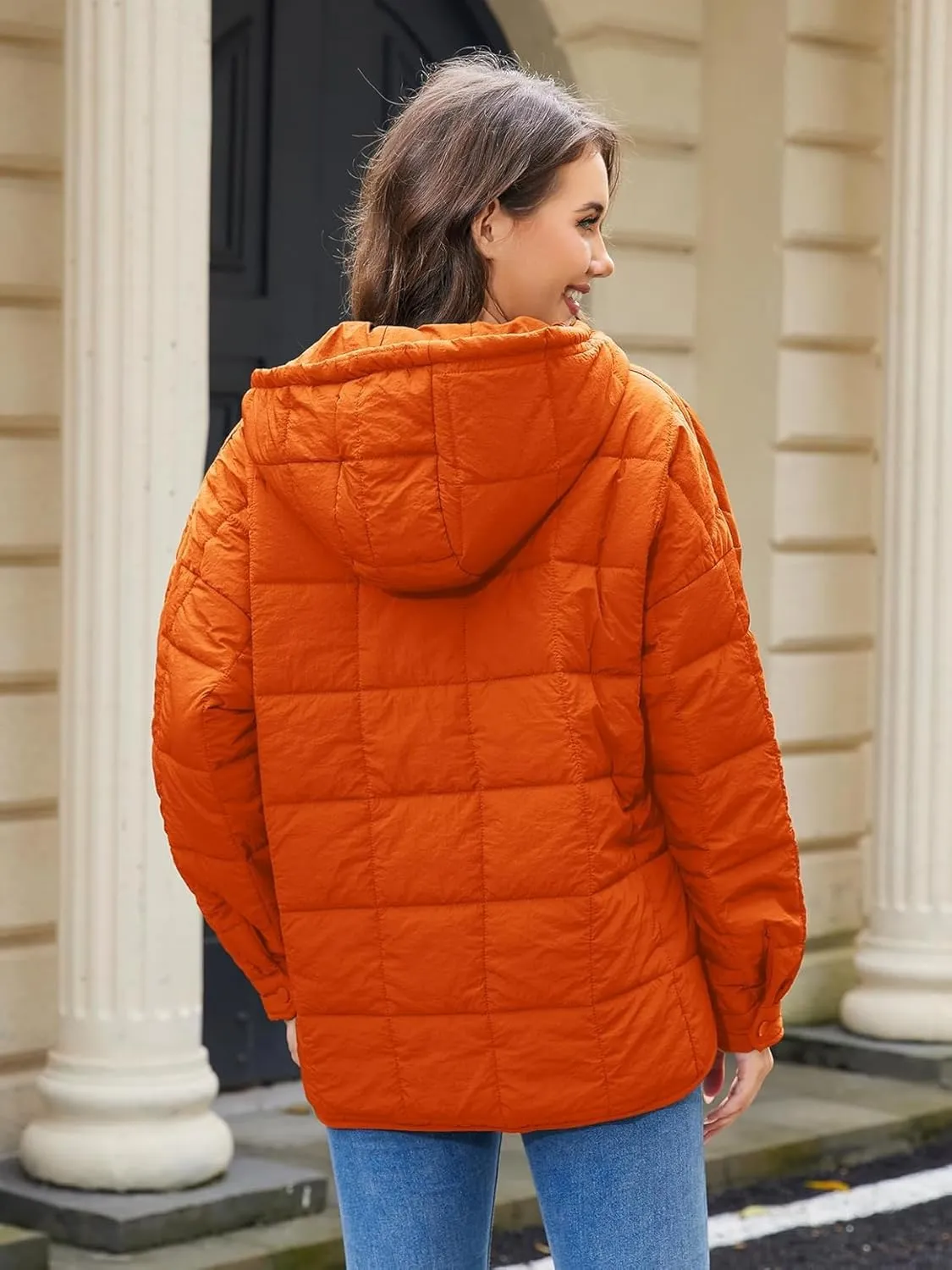 Womens's Lightweight Down Coat Long Sleeve Button Quilted Pullover Puffer Jacket Packable Hooded Winter Coat