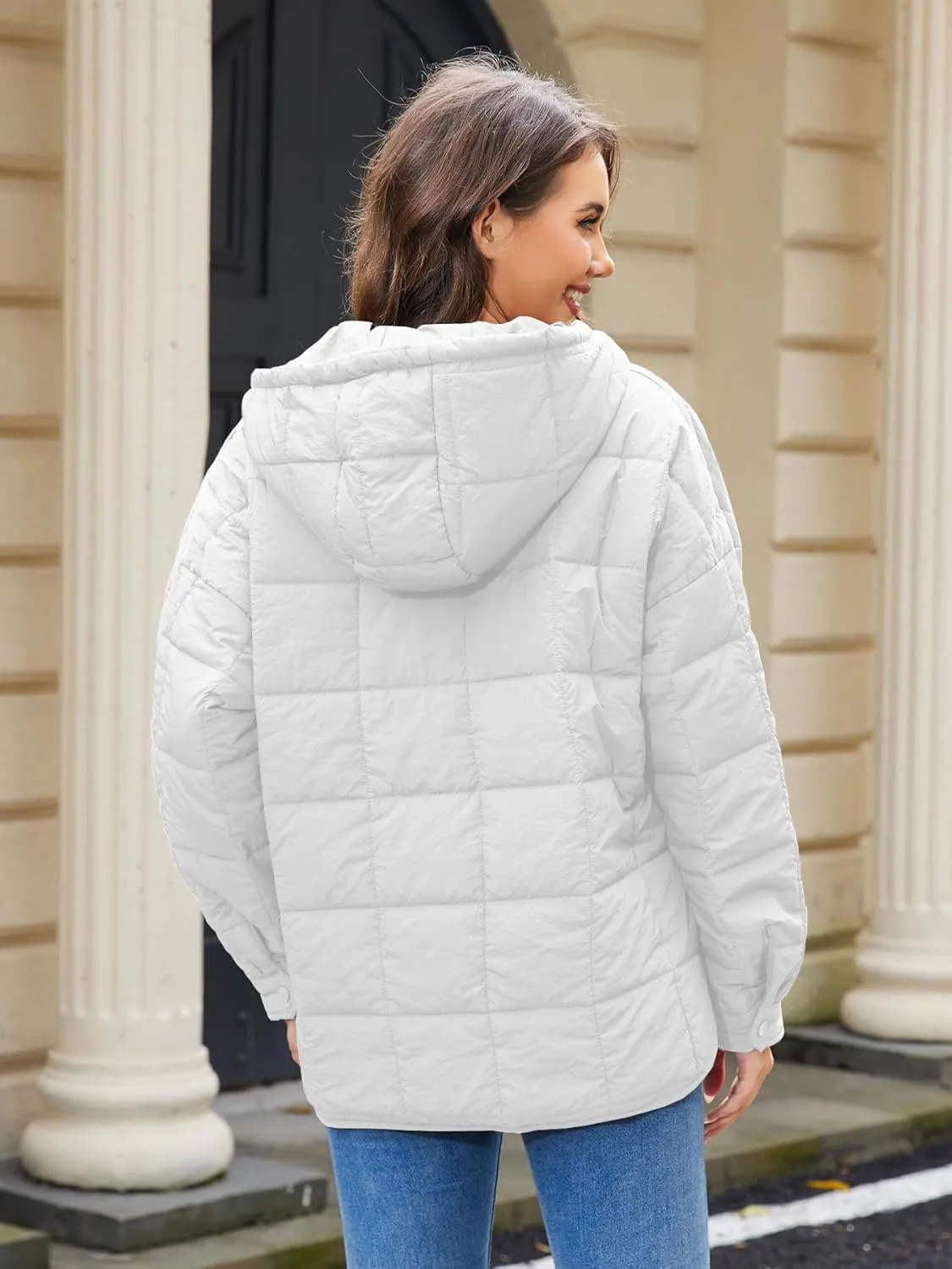 Womens's Lightweight Down Coat Long Sleeve Button Quilted Pullover Puffer Jacket Packable Hooded Winter Coat