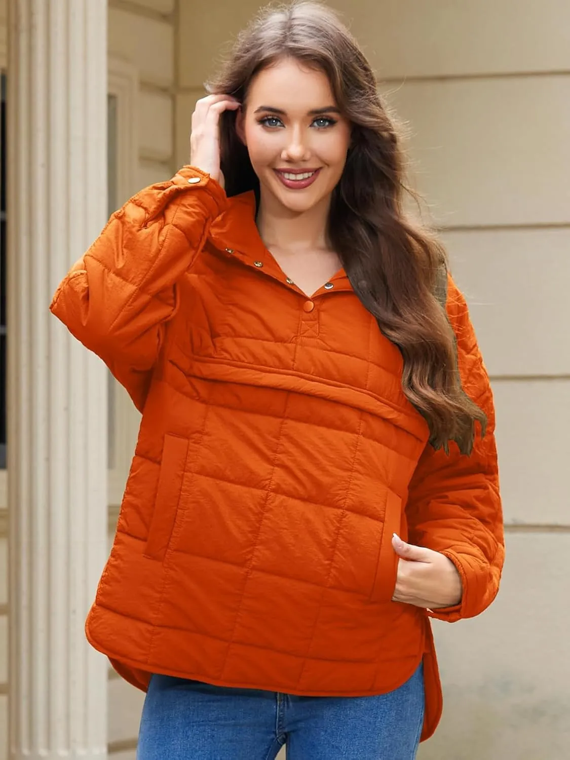Womens's Lightweight Down Coat Long Sleeve Button Quilted Pullover Puffer Jacket Packable Hooded Winter Coat