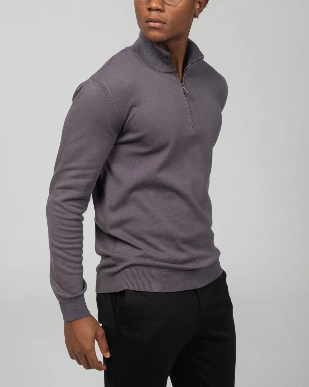 Zipper Closure Mock Neck Sweater - Anthracite